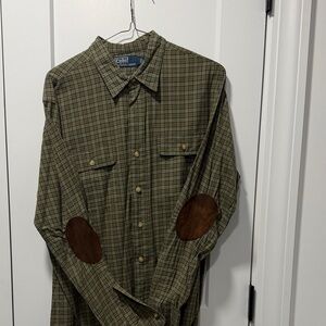 Ralph Lauren Olive Checkered Shirt with Brown Patches